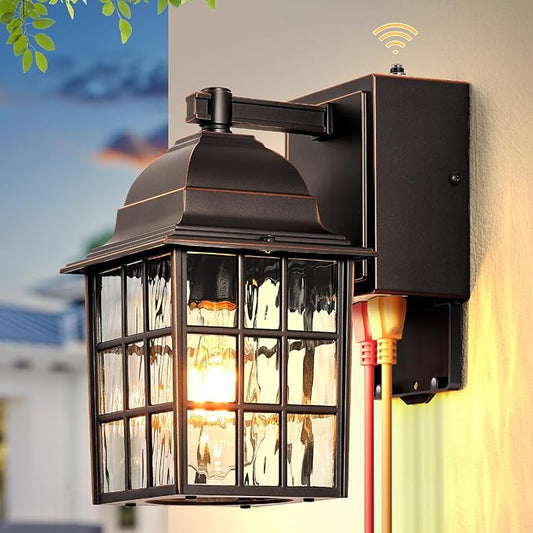 Gleamz Dusk to Dawn Outdoor Porch Light with GFCI Outlet, Farmhouse Oil Rubbed Bronze Gold Trim Exterior Garage Lighting Fixtures Wall Mount for House, Anti-Rust Waterproof Outside Wall Sconce Lantern