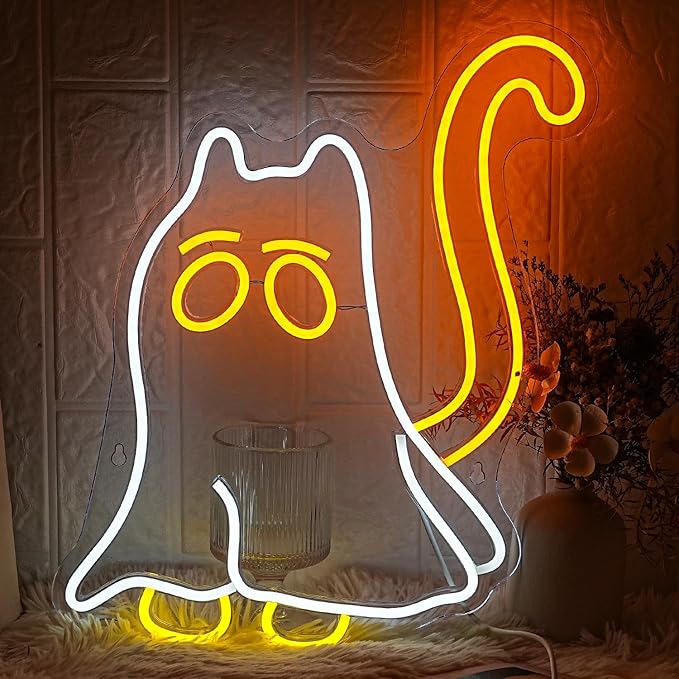 Cat Ghost Neon Sign Scary Ghost LED Neon Sign Dimmable Cat Mom Neon Light for Halloween Decor Animal Cat Ghost Neon Lights for Scary Bedroom Halloween Party