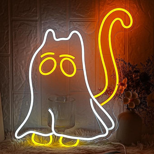 Cat Ghost Neon Sign Scary Ghost LED Neon Sign Dimmable Cat Mom Neon Light for Halloween Decor Animal Cat Ghost Neon Lights for Scary Bedroom Halloween Party