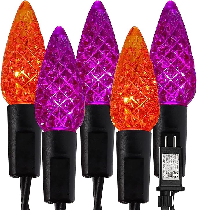 WATERGLIDE Halloween C6 String Lights, 33ft 100 LED Black Wire Fairy Lights with 29V Safe Adaptor, 8 Lighting Mode, Waterproof for Indoor Outdoor Patio Xmas Tree Party Decor, Orange & Purple
