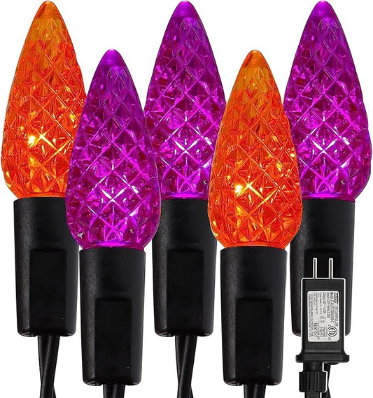 WATERGLIDE Halloween C6 String Lights, 33ft 100 LED Black Wire Fairy Lights with 29V Safe Adaptor, 8 Lighting Mode, Waterproof for Indoor Outdoor Patio Xmas Tree Party Decor, Orange & Purple