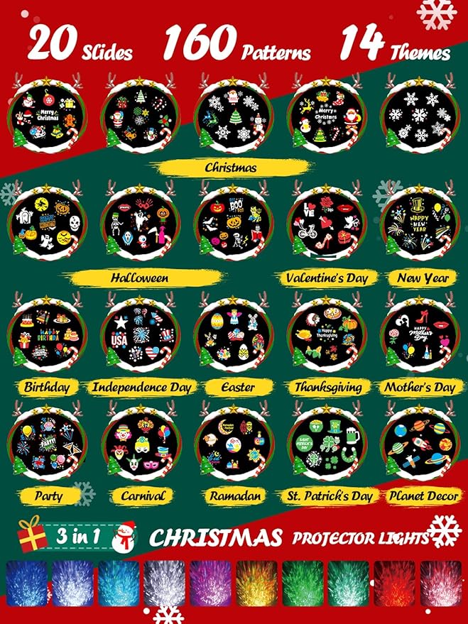 3 in 1 Christmas Projector Outdoor with Firefly & Ocean Wave Light, 160 HD Patterns Christmas Decor, 3D Dynamic Christmas Holiday Snowflake Projector Waterproof w/Timer for Outdoor Indoor Light Show