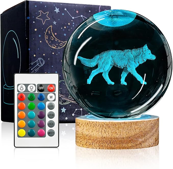 3D Crystal Ball Night Light with Wooden Base, 3.15" Glass Ball Lamp, 16 Colors, Remote Control, Cool Desk Decor, Gifts for Kids, Friends, Birthday, Holiday