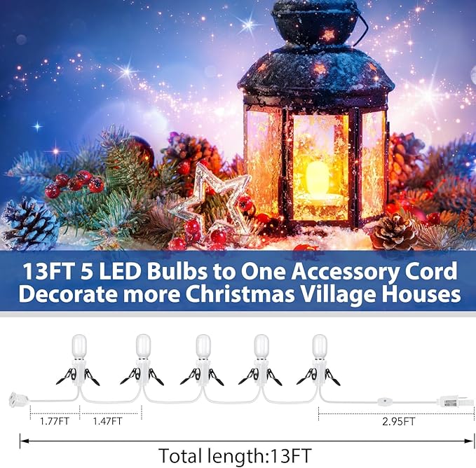 Leelosp 1 Pack Accessory Cord with 5 Milky White LED Light Bulb and Female Plug, Compatible with Department 56 Christmas Village, 13 Ft UL Certification Christmas Village Light Replacement Cord
