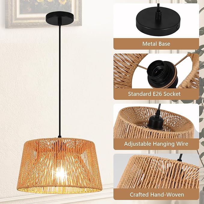 Rattan Pendant Light,boho hanging light Fixture Kitchen Island,Handwoven wicker Flush Mount ceiling light fixtures,Coastal Natural rattan chandelier for dining room Bedroom Living Room Hallway