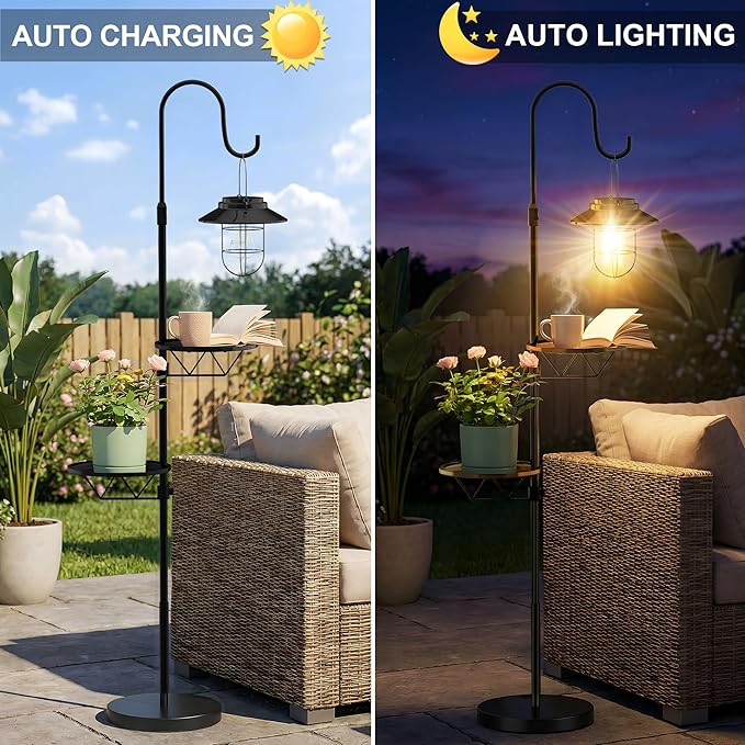 61" Solar Lights Outdoor with Plant Stands - Metal Shepherd Hook with Hanging Solar Lantern, Waterproof Solar Floor Lamp Garden Lights for Patio Deck Yard Porch Backyard & Indoor Decor