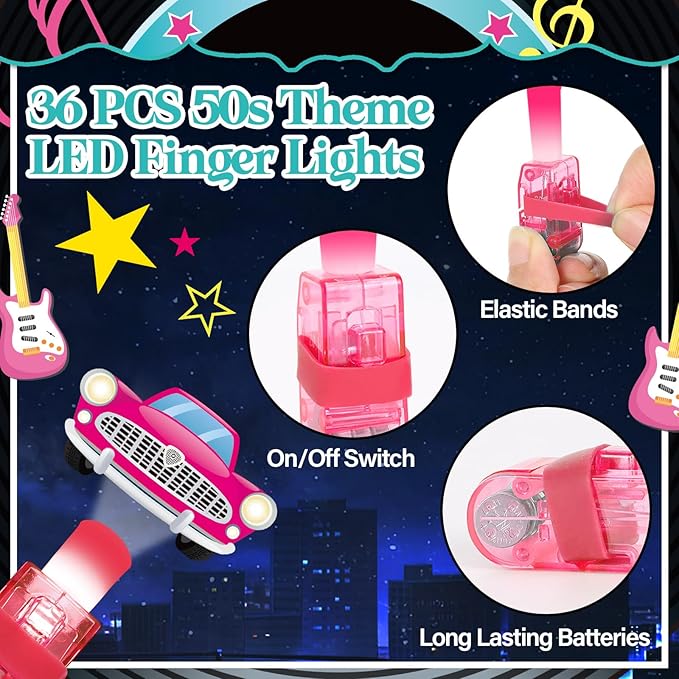 36Pcs 1950s Retro LED Finger Lights 50s Party Favors Glow in the Dark Light Up Finger Lights 90s Themed Toys Bulk for Kids Birthday Party Goodie Bag Stuffer Birthday Gifts Classroom Prize