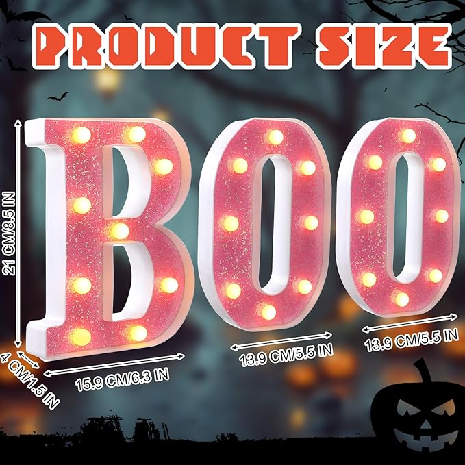 Baquler 3 Pcs Halloween Boo Decorations Light up Boo Sign Marquee LED Letters Lights Decor for Halloween Outdoor Home Room Kitchen Fireplace Tabletop Party Supplies (Pink)