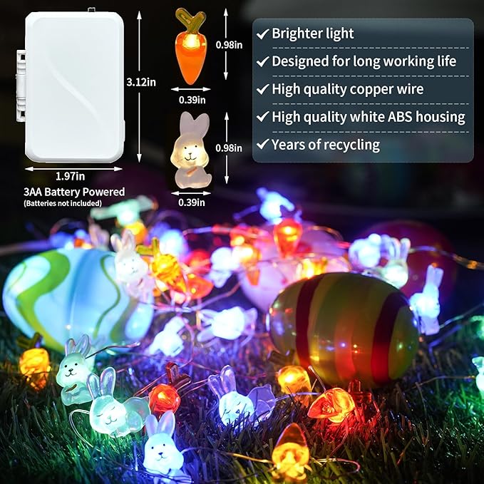 pozzolanas Led Fairy Lights Battery Operated Mini String Lights 2P 16FT Bunny Carrot String Lights 50LED IP65 Waterproof Spring Rabbit for Easter Basket Eggs Party Seasonal Bedroom Decor