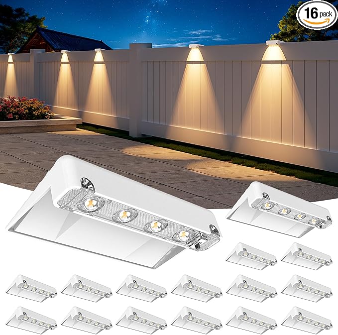 NIORSUN Solar Fence Lights Outdoor 16 Pack, IP65 Waterproof Large Size LED Solar Deck Lights with Lenses, Auto ON Off Warm White Step Lights for Outside, Patio, Fence, Yard and Railing Decor (White)
