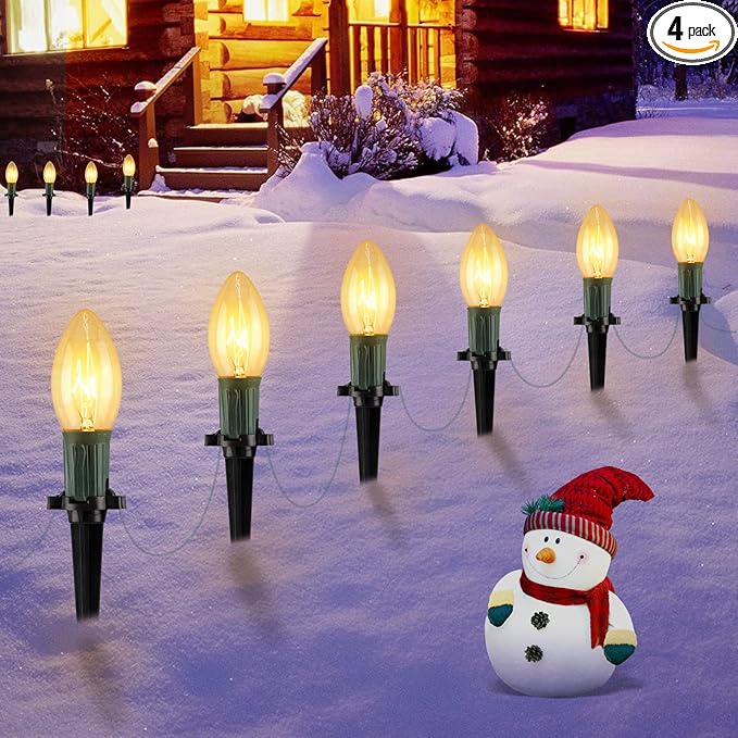 C9 Christmas Lights Outdoor, 4 Packs Total 102.8 Ft 80 Bulbs Christmas Pathway Lights, Waterproof Walkway Lights for Outside Driveway Sidewalk Outdoor Decorations Yard, Clear