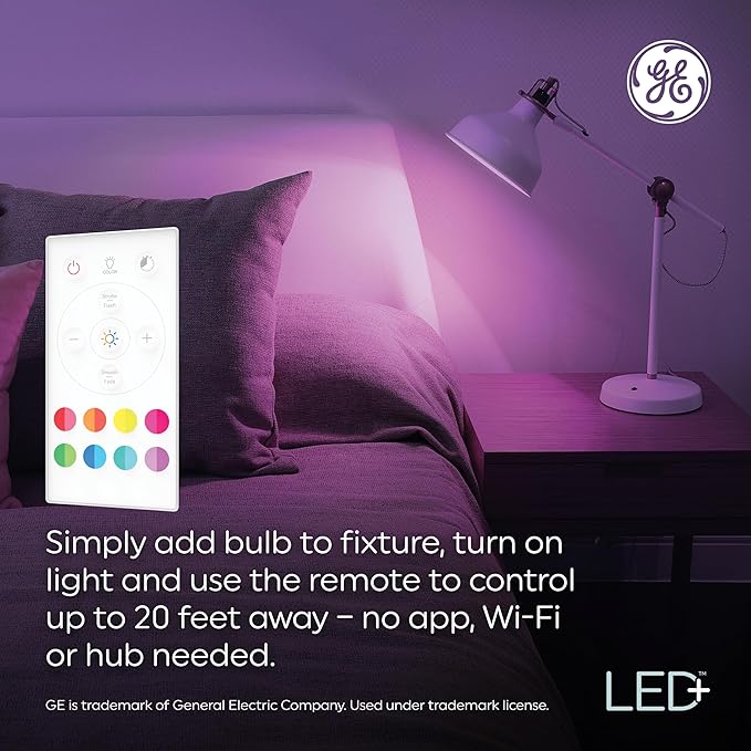 GE LED+ Color Changing LED Light Bulbs with Remote, No App or Wi-Fi Required, A19 Bulbs, CA Compliant (2 Pack)