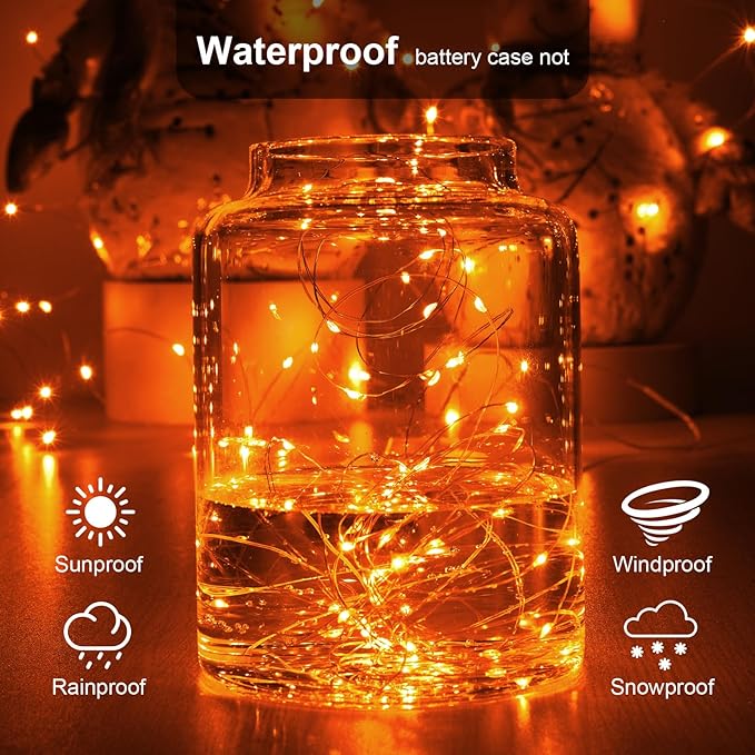 4 Pack 16.4ft Battery Operated String Lights with Timer, Orange with Synchronized Twinkle Mode, Fairy Lights Battery Powered, 50 LEDs, Idea for Christmas Bedroom Party Wedding