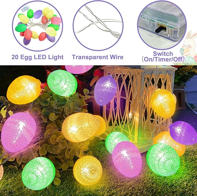 TURNMEON Velvet Easter Lights String Easter Decorations, 10FT 20LED 3D Egg Light Garland with Timer Battery Operated Colorful Fairy Lights, Easter Decor for Home Bedroom Patio Indoor Outdoor