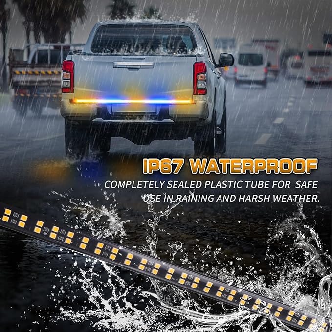 XRIDONSEN 60 inch Amber Blue Truck Tailgate Strobe Lights Strip 360 LED Tail Light Bar Flashing Warning Hazard Safety Rear Emergency Lights for Tow Plow Trucks Construction Vehicles Pickup Trailer