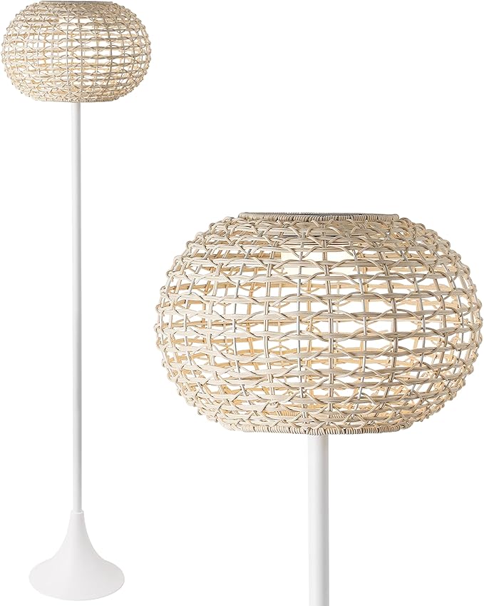 JONATHAN Y 58" White/Cream Modern Outdoor Solar Floor Lamp, Waterproof LED Standing Light for Patio, Deck, Porch, Faux Rattan Shade, USB-C Rechargeable, Coastal Decor (JYL2601B)