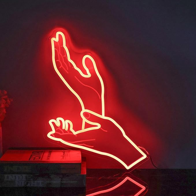 Meanwhile Neon Sign – Red Clapping Hands LED Wall Light for Retro Aesthetic Decor, Quirky Room Accent, USB Powered Sign for Bedroom, Living Room or Lounge 15.7″ ×10.5″