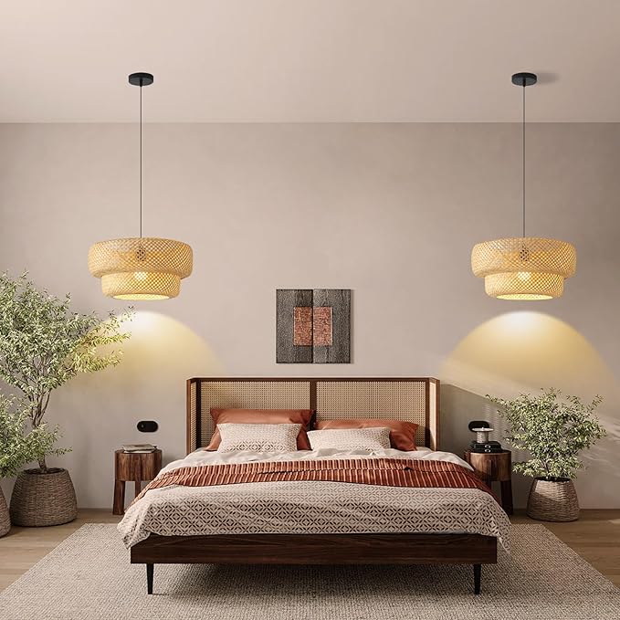 Bamboo Pendant Light,Boho Rattan Hanging Light,13.8" Hand Woven Wicker Chandelier for Kitchen Island for Kitchen Island Dining Bedroom Living Room Restaurants