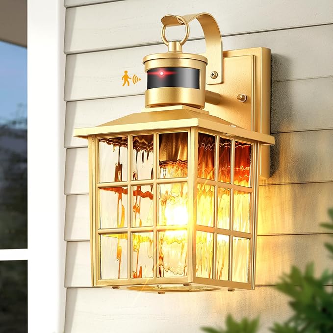 VIANIS Gold Motion Sensor Outdoor Lights for House, Modern Exterior Lighting Fixtures Wall Mount, 100% Aluminum Waterproof Outdoor Wall Sconce with Water Ripple Glass, Dusk to Dawn Front Porch Light