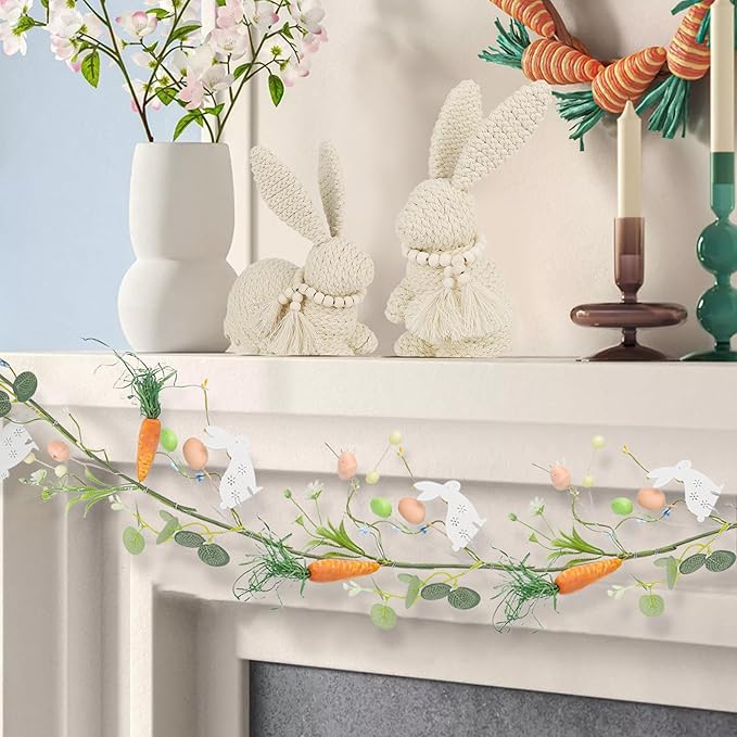 DR.DUDU 4 FT Easter Garland-Bunny & Carrot Garland Decorations for Mantle, Spring Artificial Garland with Easter Pastel Eggs for Indoor Home Fireplace Table Centerpiece Party Décor