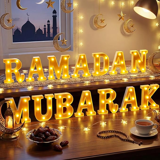 Ramadan Mubarak Large LED Lights Mirror-Effect Letter Lights Battery Powered Eid Mubarak Decorations for Party Decorations Indoor Outdoor
