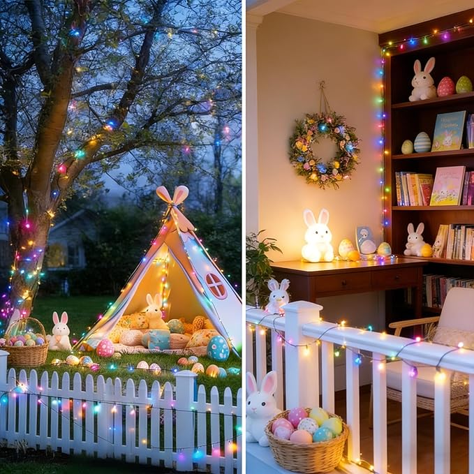 LAMPHOME 66ft Pastel Easter String Lights, 200 LED Multicolor Fairy Lights Plug in, 16 Lighting Modes Green Wire Waterproof Starry Lights for Indoor Outdoor Spring Easter Xmas Tree Decor