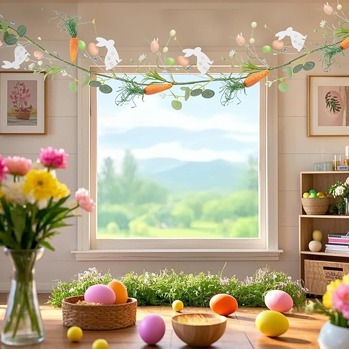 DR.DUDU 4 FT Easter Garland-Bunny & Carrot Garland Decorations for Mantle, Spring Artificial Garland with Easter Pastel Eggs for Indoor Home Fireplace Table Centerpiece Party Décor