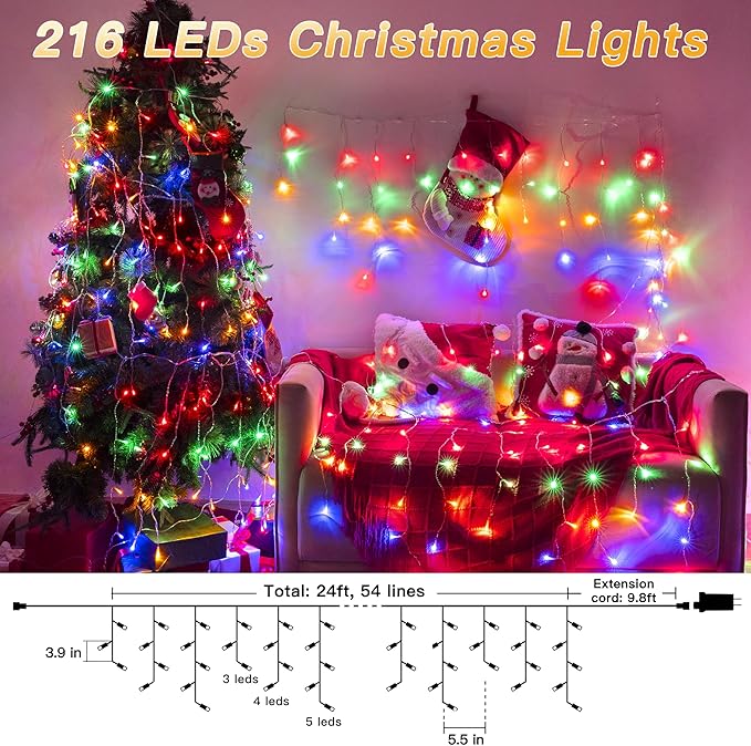 Icicle Lights for Outside, 216LED 24FT Waterproof Christmas Light Outdoor with 8 Modes & Timer, Connectable Christmas Icicle Lights for Eaves House Yard Indoor Outdoor Holiday Decoration(Multicolor)