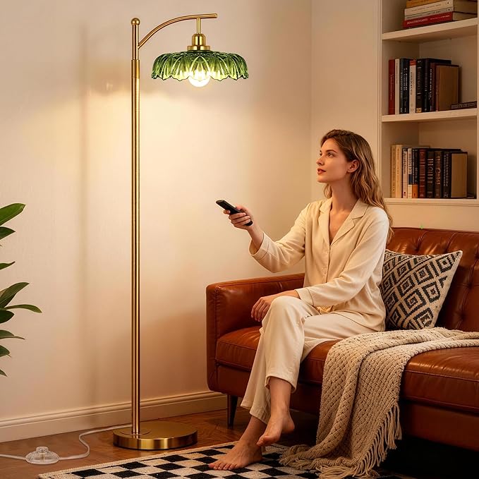 Gold Floor Lamp for Living Room, Dimmable Mid Century Modern Standing Lamp with Remote Control and Green Glass Shade, 68" Tall Lamp for Bedroom, Vintage Retro Antique Glass Flower Lamp, Brushed Gold