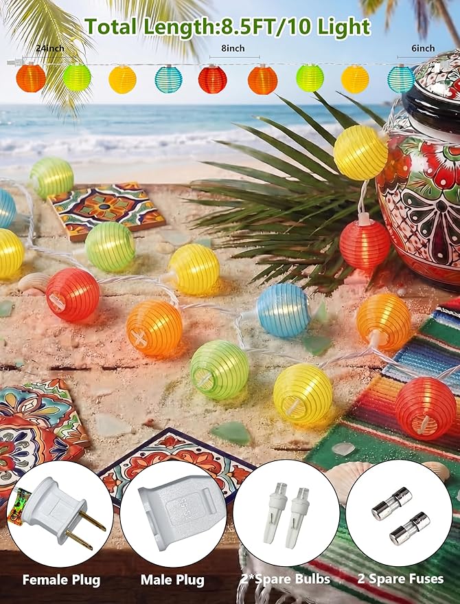 8.5Ft Lantern String Lights Plug in, Spring Outdoor Decor Fairy Lights with 10 LED Multicolor Lanterns, Waterproof Hanging Patio Lights for Summer Hawaiian Camping Tent Holiday Party Garden