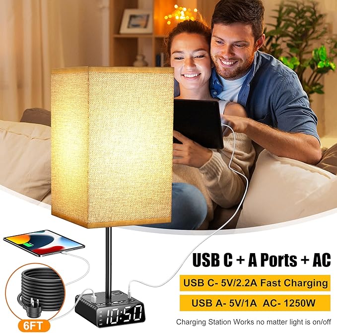 Yostyle Table Lamp with Alarm Clock Base, Bedside Lamp,2 USB & 1 AC Power Outlets, FM Radio & Speaker 6Ft Extension Cord - Square Black Fabric Lampshade,Touch Control Ideal for Bedrooms Living Rooms