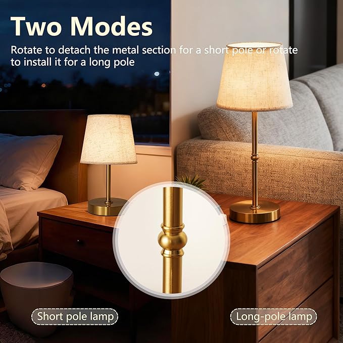 2-Pack Cordless LED Table Lamp, 6000mAh Rechargeable Battery Operated Desk Lamp, 3-Level Dimming Metal Portable Nightlight for Restaurant, Bedroom, Bar, Patio, Gold