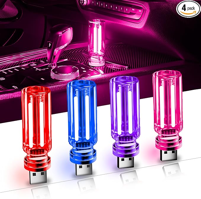 4 PCS Car USB Light Blub, Plug-in LED Ambient Lighting with Touch Dimming. The Brightness Can Be Adjusted Making It for Cars, Bedrooms, Hallways (1Red&1Blue&1Purple&Pink)