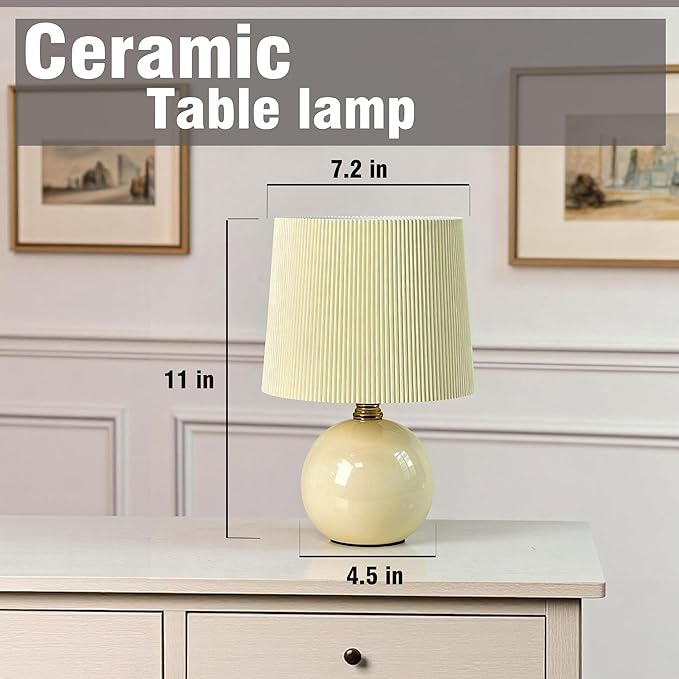 jonong Small Pleated Table Lamp, Ceramic Desk lamp,Modern Bedside Nightstand Lamp with Beige Lampshade, Cute Lamp for Bedroom Living Room Home Office Decor,Kids, Women, for Gift Present (Beige, M)