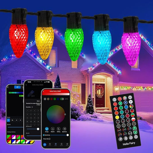 C9 Christmas Lights Outdoor, 49FT 50 LED RGB Color Changing Bulbs,App Bluetooth Music Sync, DIY Scenes & Timers, Connectable to 198FT, IP44 Waterproof Roofline Eaves Porch Fence Decorations