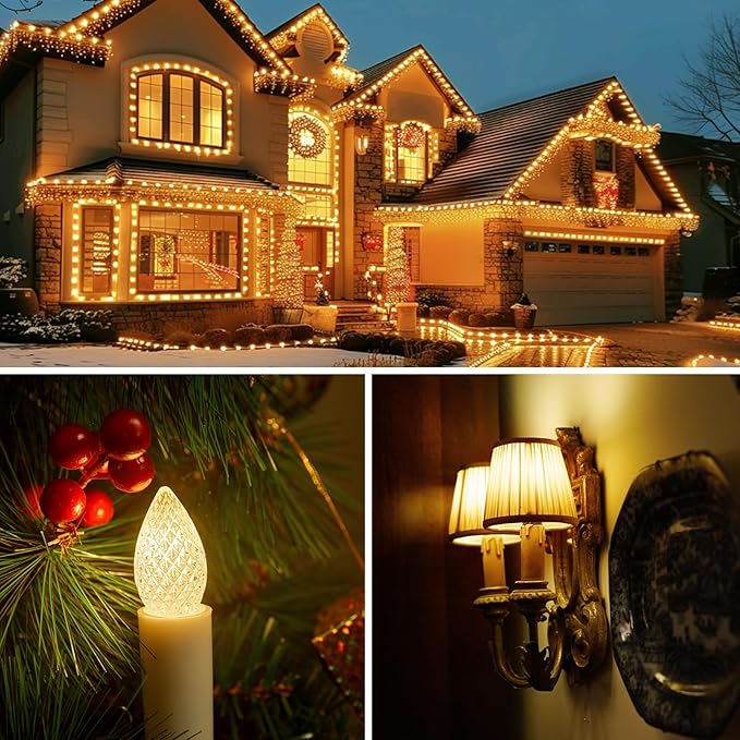 25 Pack C7 Led Replacement Christmas Light Bulb, C7 Shatterproof Led Bulbs for Christmas String Lights, E12 Candelabra Base, Commercial Grade Dimmable Holiday Bulbs, Warm White