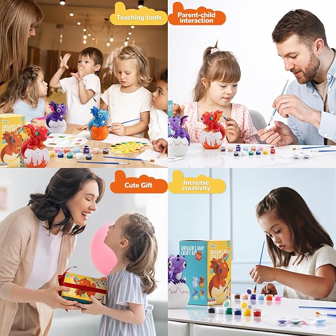 JMMICO Paint Your Own Dragon Lamp Craft Kit, Dragons Crafts DIY Night Light, Dragon Gifts for Girls Boys, Arts and Crafts for Kids Ages 8-12, Easter Basket Stuffers, Painting Kit for Kids 6+