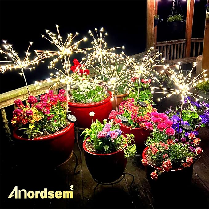 Anordsem Solar Garden Lights Outdoor: 4 Pack Bendable Copper Wire with 120 LED Firework Beads - Waterproof DIY Fairy Warm Decorating Yard Patio - Gardening Gifts for Parents Homeowner
