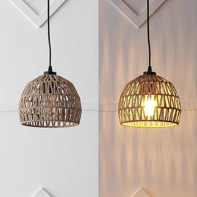 JONATHAN Y 8.25" Brown Modern Bohemian Woven Rope LED Pendant Light Fixture, Adjustable Dome Ceiling Lamp for Kitchen Island, Rope Shade, Coastal Farmhouse Decor (JYL6512E)