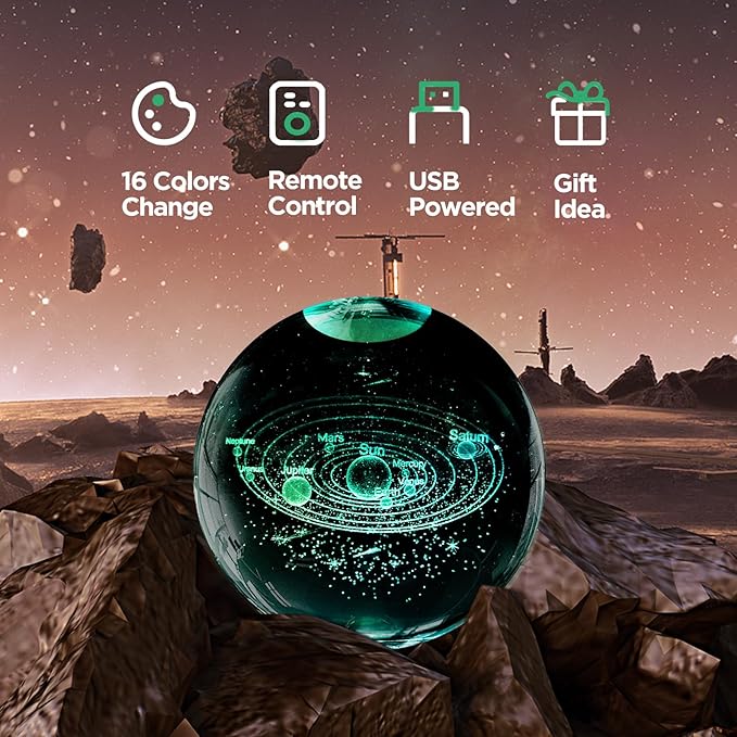 3D Solar System Crystal Ball Night Light with 16 Color Wooden LED Base Upgraded 3.15 In Galaxy Planets Ball Lamp with Remote for Birthday Christmas, Astronomy Space Gifts for Boys Girls Kids