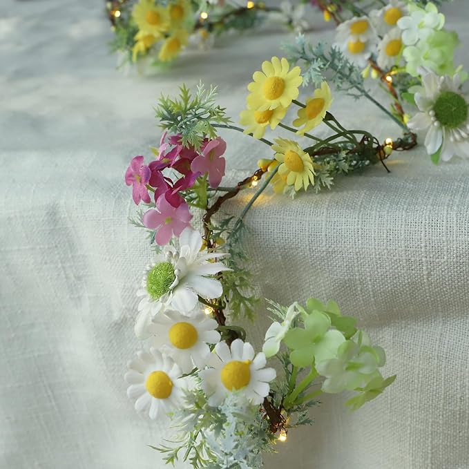 Wildflower Garland Easter String Lights Battery Operated with Remote Multicolor Daisy Floral & Leaf Lights for Bedroom Outdoor Party Holiday Home Spring Easter Decorations