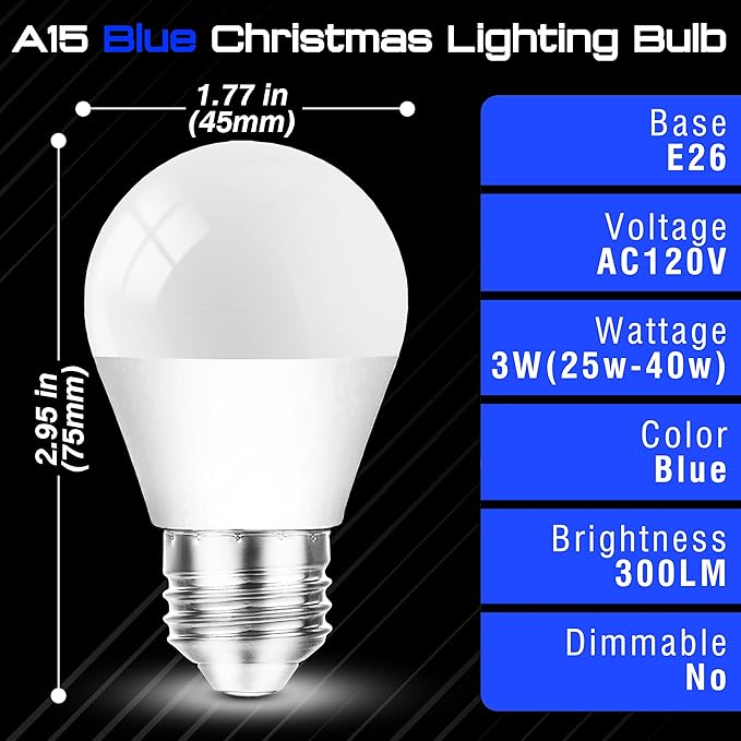 E26 Blue Light Bulb 25w-40w Equivalent, 3W Blue Christmas Lighting Bulb 300lm, G45 Colored Light Bulbs for Halloween, Party, Holiday Lighting, Home Decoration, Outdoor Porch, Non-Dimmable, 2 Pack