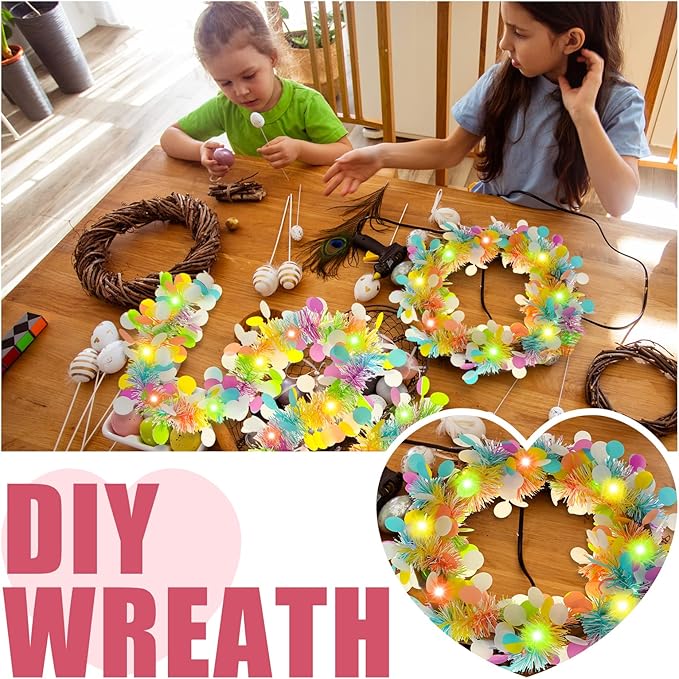 Chuangdi 16.4 ft Easter Tinsel Garland with LED String Light Easter Egg Twist Metallic Wire Tinsel Garland Foil Hanging Decor, Colorful, Colorful Light