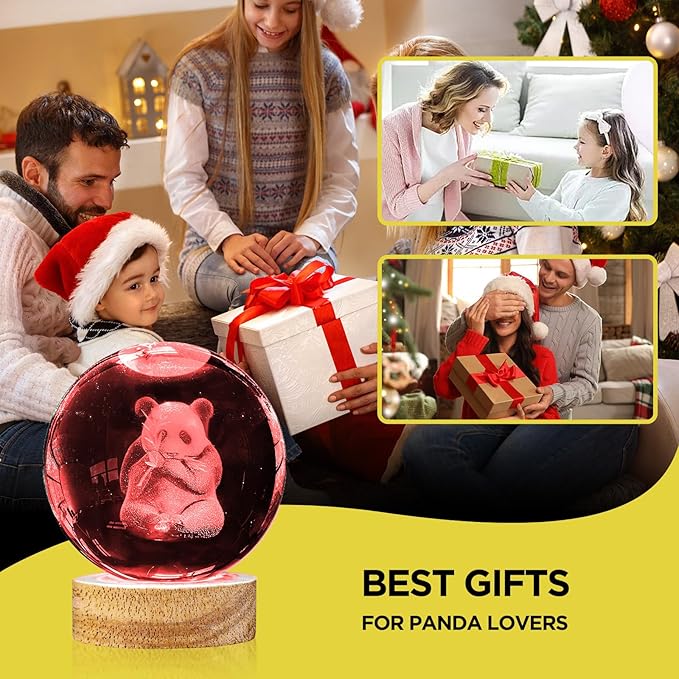 Panda Crystal Ball Night Light - 3.15 in Panda Glass Ball Lamp with 16 Color Changing Wooden Base and Remote Control - Ideal Gift for Kids, Friends & Decor
