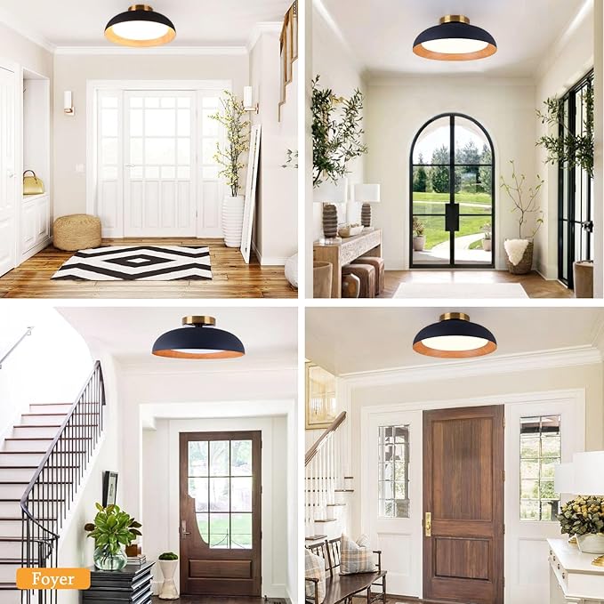 Bargeni Flush Mount Ceiling Light,12.5 inch LED Ceiling Light Fixture,5CCT Dimmable/2700K-6000K/20W, Matte Black with Wood Accent,Mid Century Light Fixtures Ceiling Mount,ETL Certified