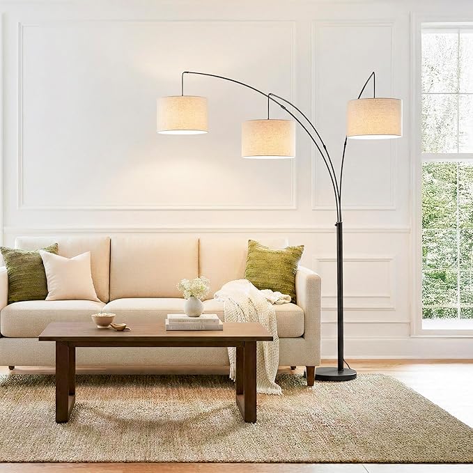 Brightech Trilage Arc Floor Lamp - Large Standing Lamp with 3 Fabric Shades & LED Bulbs for Living Room Over The Sofa, Reading, Multi-Head Traditional Tree Floor Lamp for Bedroom - Black