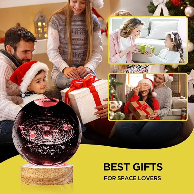 3D Solar System Crystal Ball Night Light 3.15 inch Galaxy Planet Glass Ball Lamp with 16 Color Change Wooden Base and Remote Control Astronomy Space Gifts for Kids Friend Birthday Christmas Room Decor