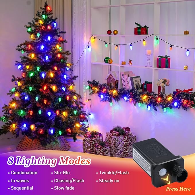 JMEXSUSS 100 LED C9 Christmas Lights Outdoor: 66 FT 8 Modes Plug in Connectable C9 Christmas Tree Lights for Roof Garden House（Multicolor）