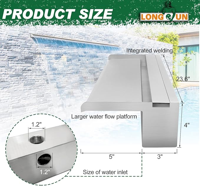 LONGRUN Pool Fountain Stainless Steel Outdoor Pond Spillway Waterfall with Wider Water Flow Platform Multi-Color LED Light Spray Indoor Waterfall Fountains for Garden-23.6" x 8" x 3.94"(W x D x H)