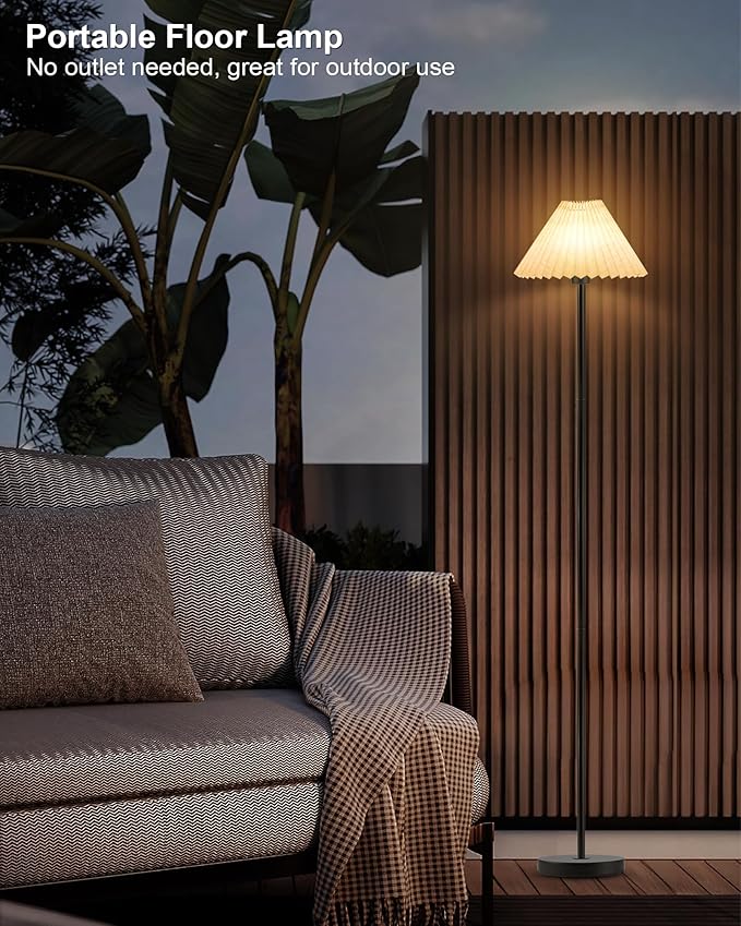 UMEXUS Cordless Floor Lamp for Bedroom, Rechargeable Battery Operated with Remote & Timer, Dimmable RGB, Pleated Standing Light Small Corner Pole Lamps for Living Room Bedside Outdoor Patio Home Decor